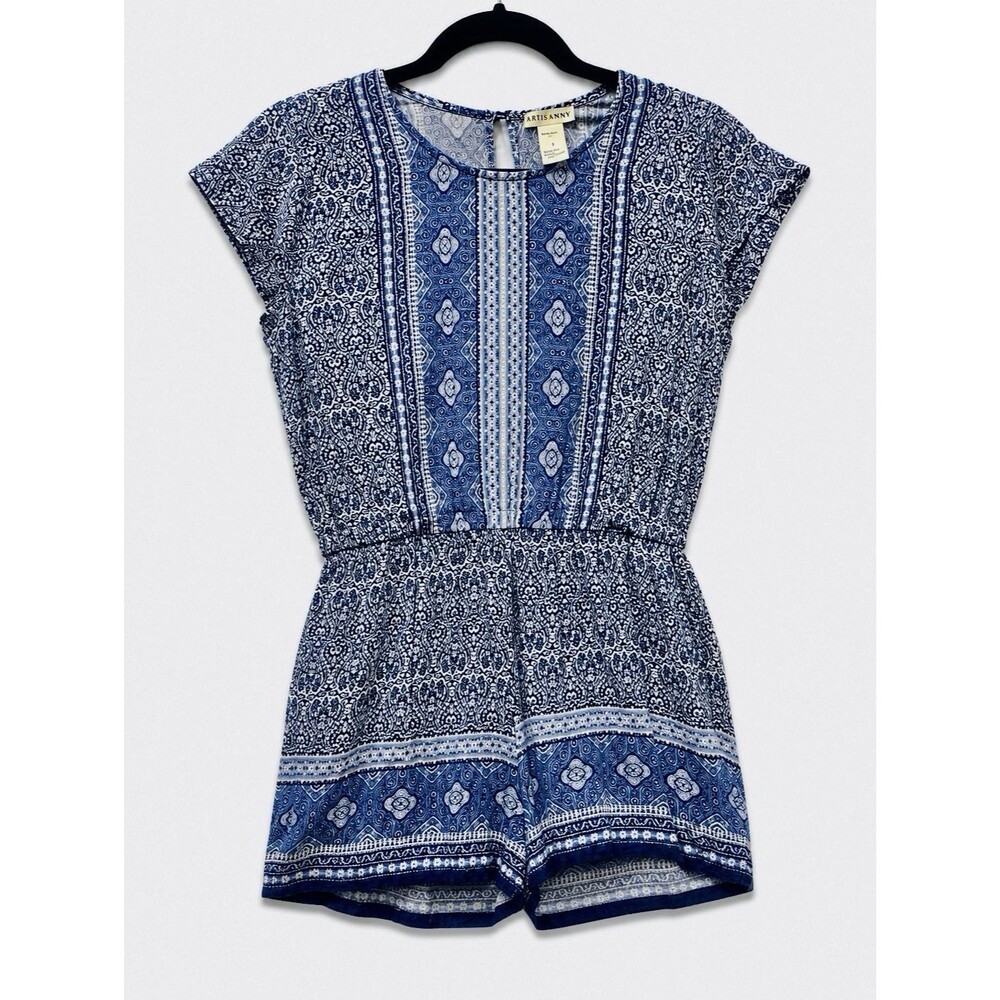 Artisan NY Women's Blue/White Paisley Rayon Romper Sz 6 Elastic Waist Button